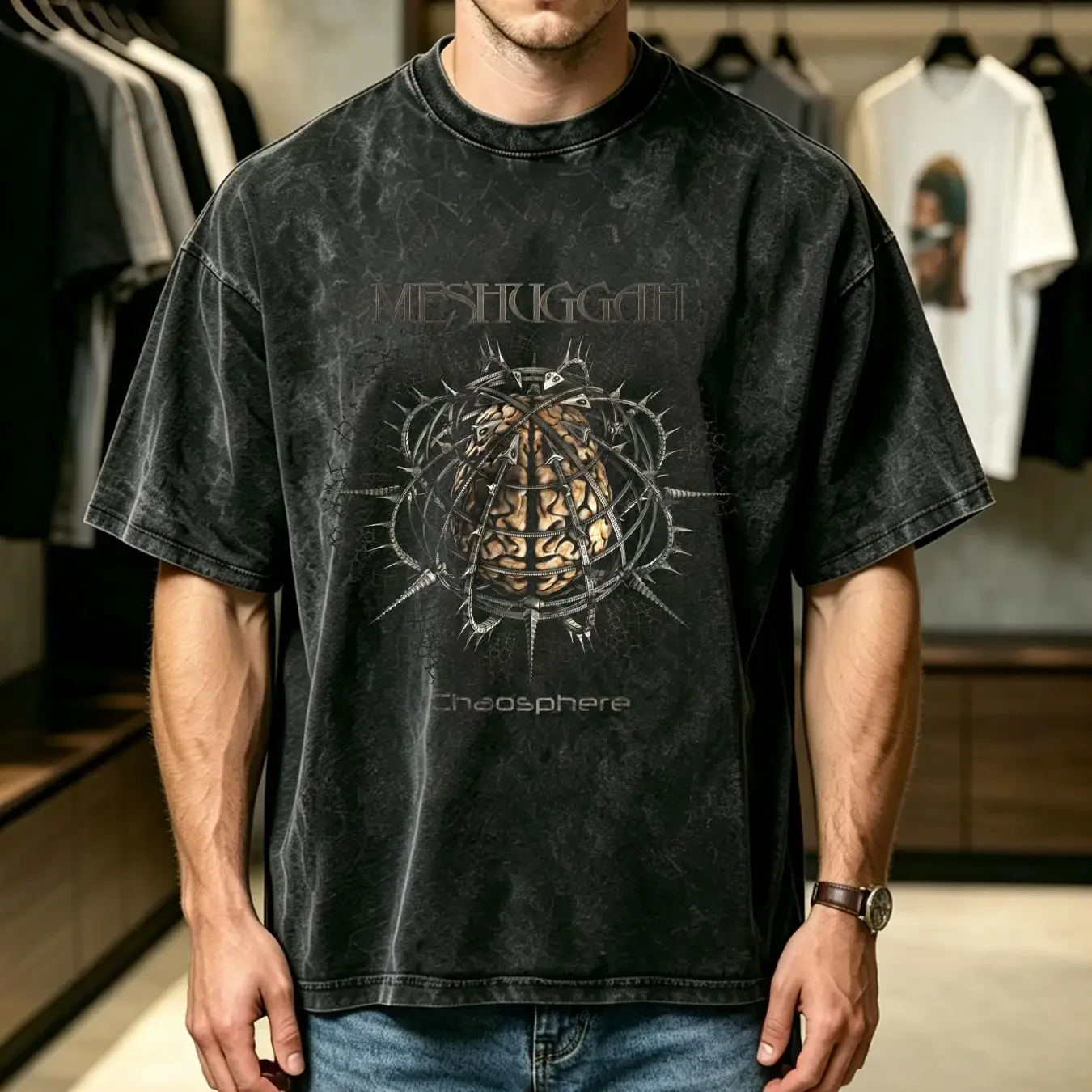 washed T Shirt MESHUGGAH CHAOSPHERE REDUX NEW BLACK vintage Washed streetwear Stretched Top For Everyday Wear Casual Unisex