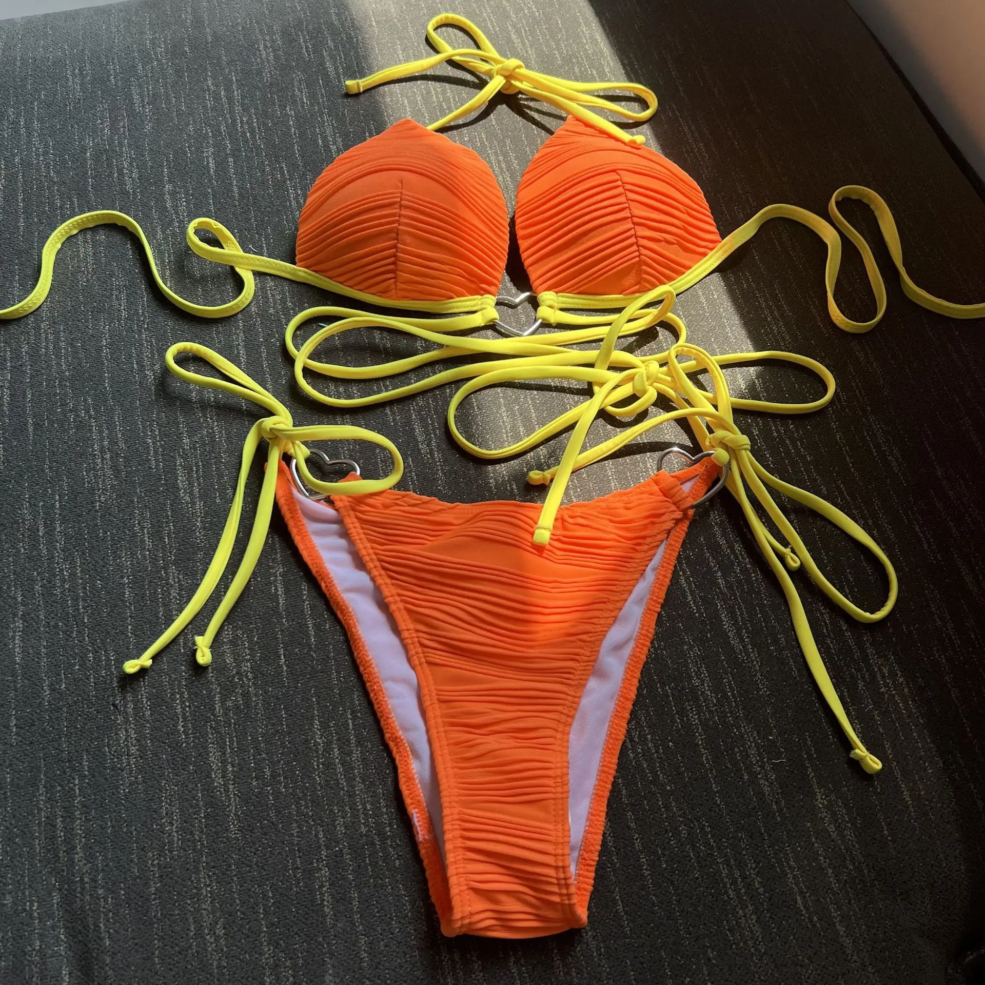 sexy heart ring patchwork bandage bikinis sets two pieces thong tie swimsuits Swimwear conjunto de bikini tankini beachwear