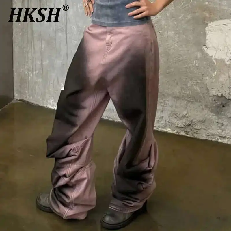 

HKSH Men's Tide Vintage Denim Pants Women's Chic Rendered Wide Leg Dirty Hanging Jeans Pleated Design Gradient Color Punk HK3198
