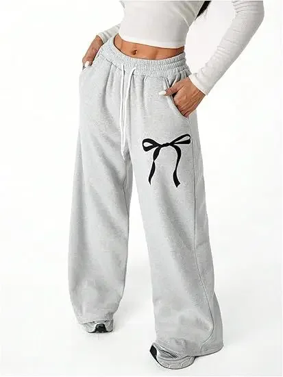 Damen-Jogginghose mit geradem Bein, grafischem Schleifenmuster, weites Bein, elastischer Bund, Lounge-Hose, Lounge-Jogginghose mit Taschen