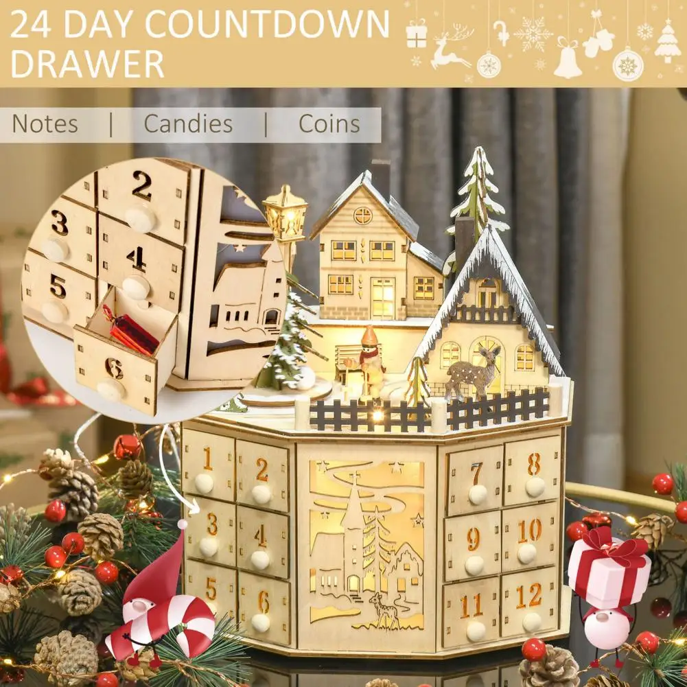 

Christmas Advent Calendar with LED Lights Xmas Wooden Light-up House Scene Countdown Calendar with 24 Drawers Desktop Decoration