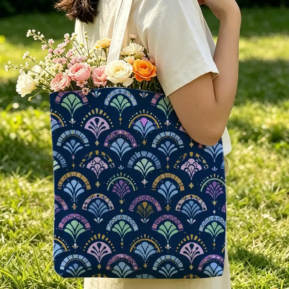 Boho Pastel Shells Storage Bags Beach Canvas Shoulder Tote Bag Double-Sided Print Fashion Handbag for Travel Picnic