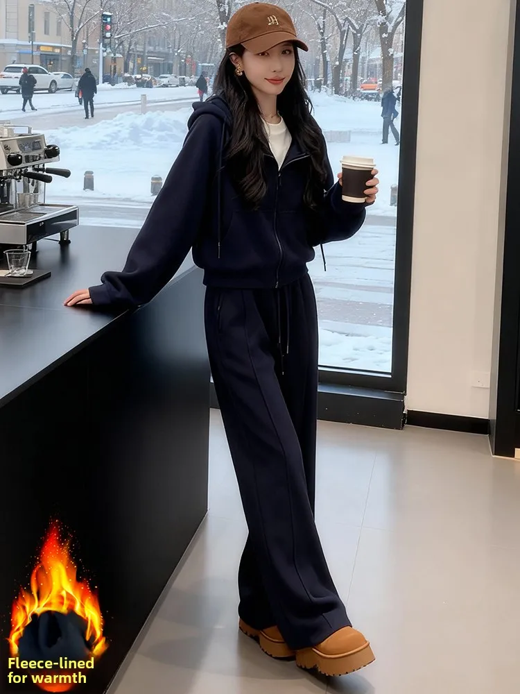 

Casual Commute Fce Lined Sportswear Set Women's High Waist Long Pants Hoodie Zipper Closure Warm mid Weight Winter Outfit