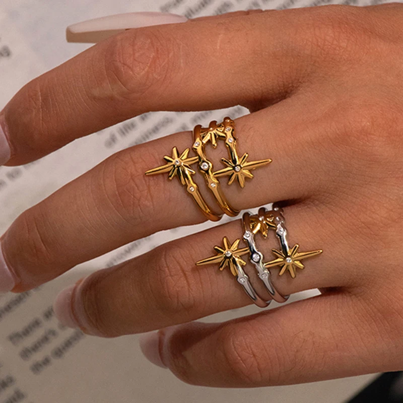 Bagues ouvertes multicouches en acier inoxydable avec zircon en forme d'étoile pour femmes, minimalistes, plaquées or 18 carats PVD, bijoux de mode, cadeau