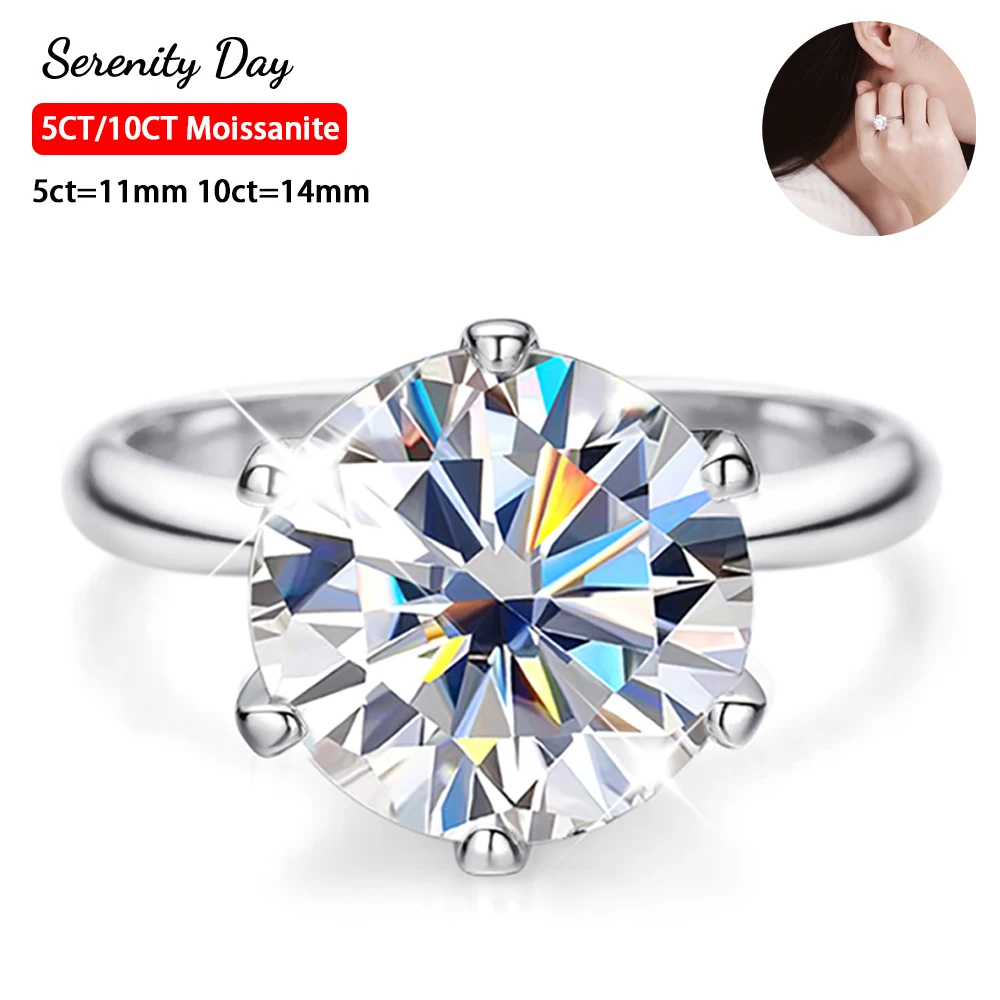 Serenity Six-claw D Color 10ct Big Moissanite Diamond Rings For Women Wedding Bridal S925 Silver Classic Rings Anniversary Gift