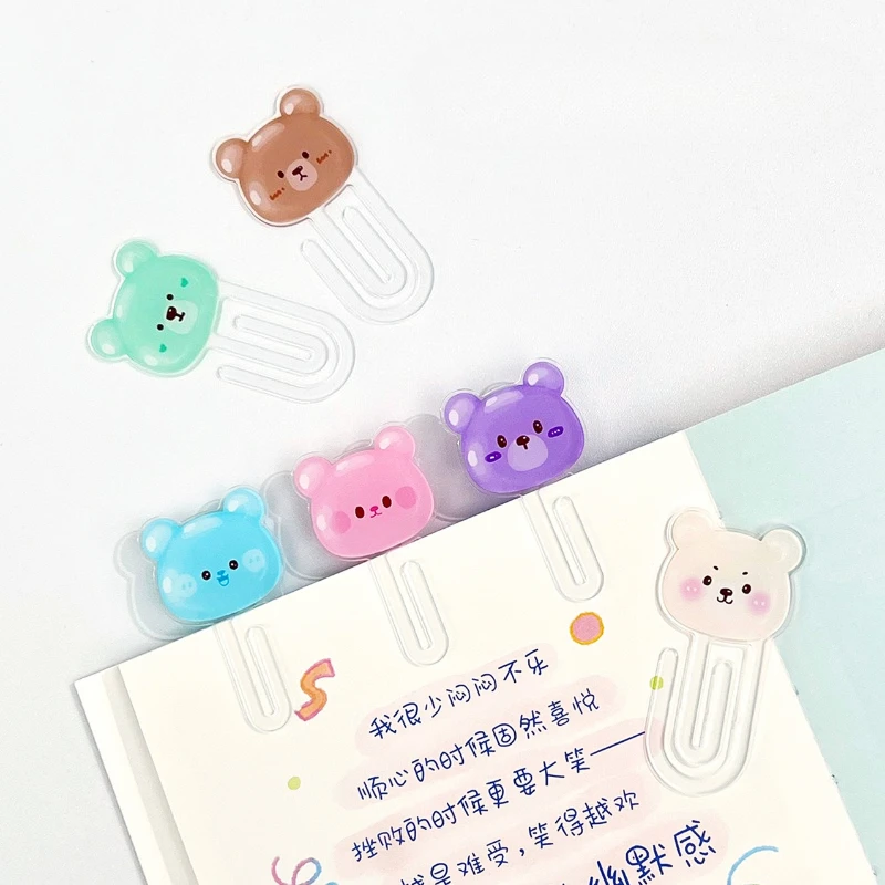 2pcs/set Cute Cartoon Bear Head Acrylic Bookmark Paper Clip,Multifunctional File Binder for Student Office Page Marker Clip