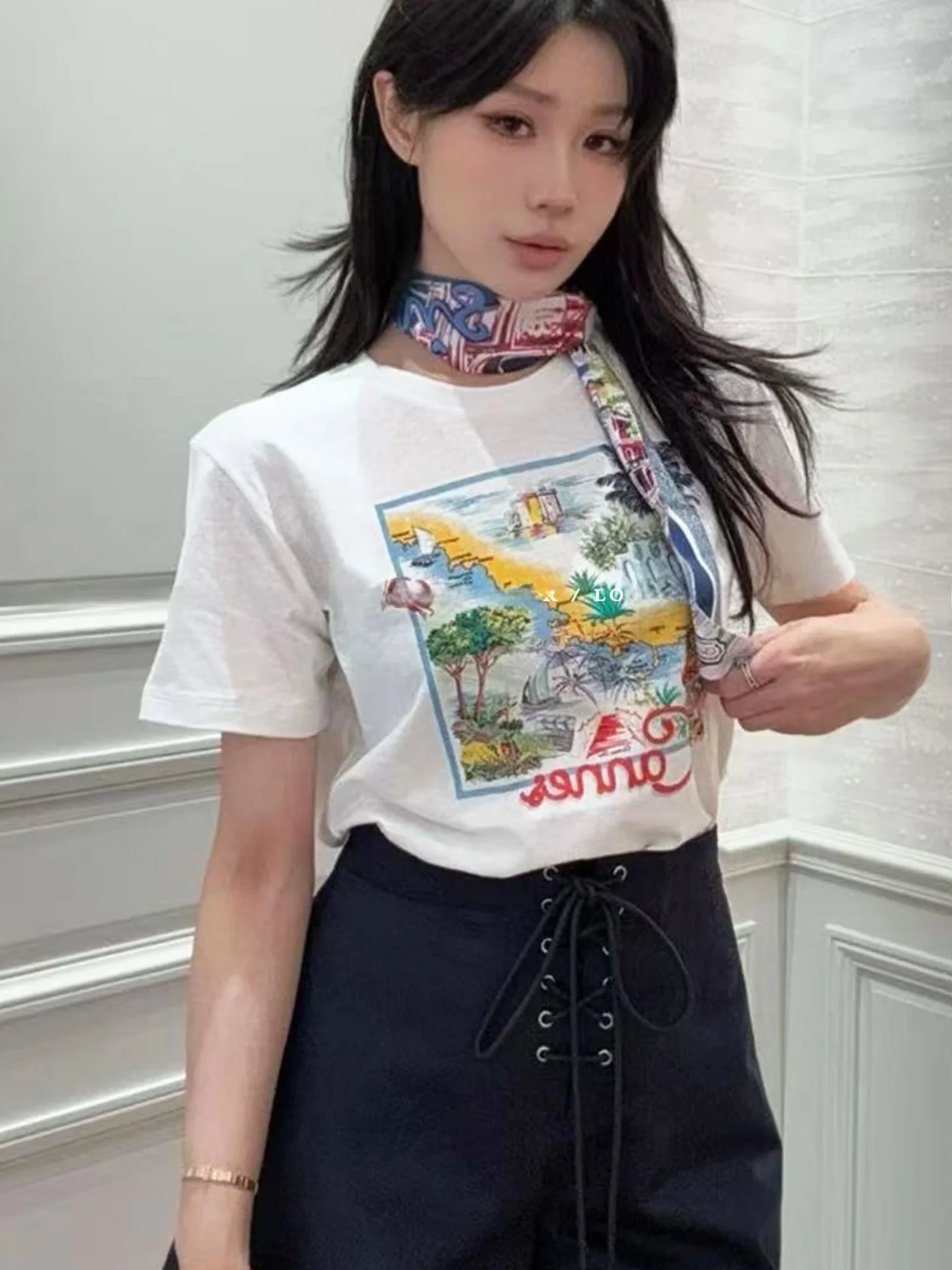 

Ограниченная серия LOOK P 25ss Holiday Lacape Series Color Blo Letter Print ort Sve Футболка Женская хлопковая толстовка