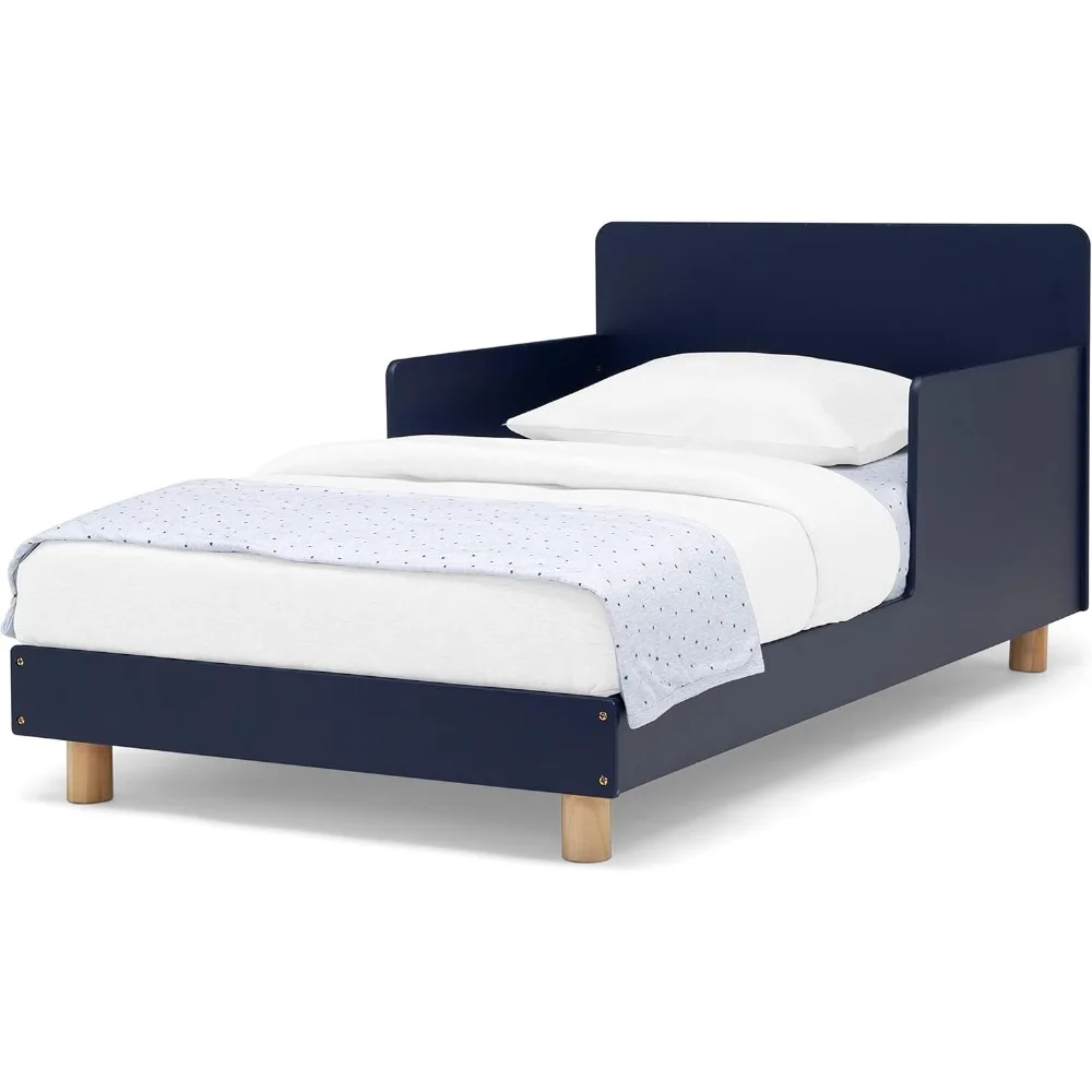 Cama para niños con certificación Greenguard Gold y barandillas de protección, diseño azul marino/natural para un sueño seguro para niños