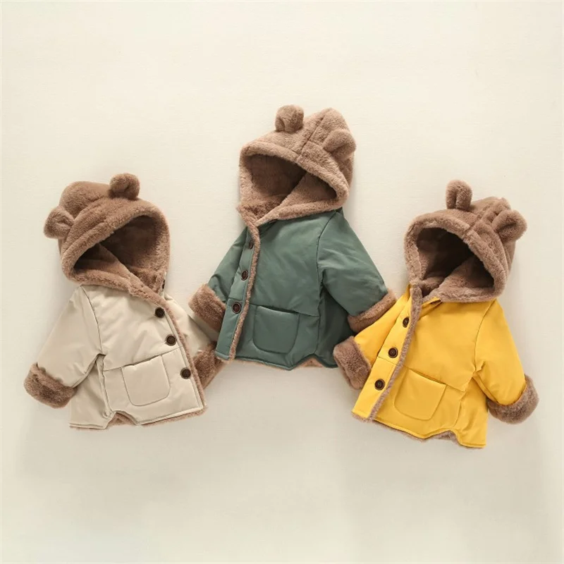 Baby Thickened Cotton Coats Infant Warm Padded Winter Jacket Boys Girls Fleece  Hooded Outerwear Children's Windproof Parkas