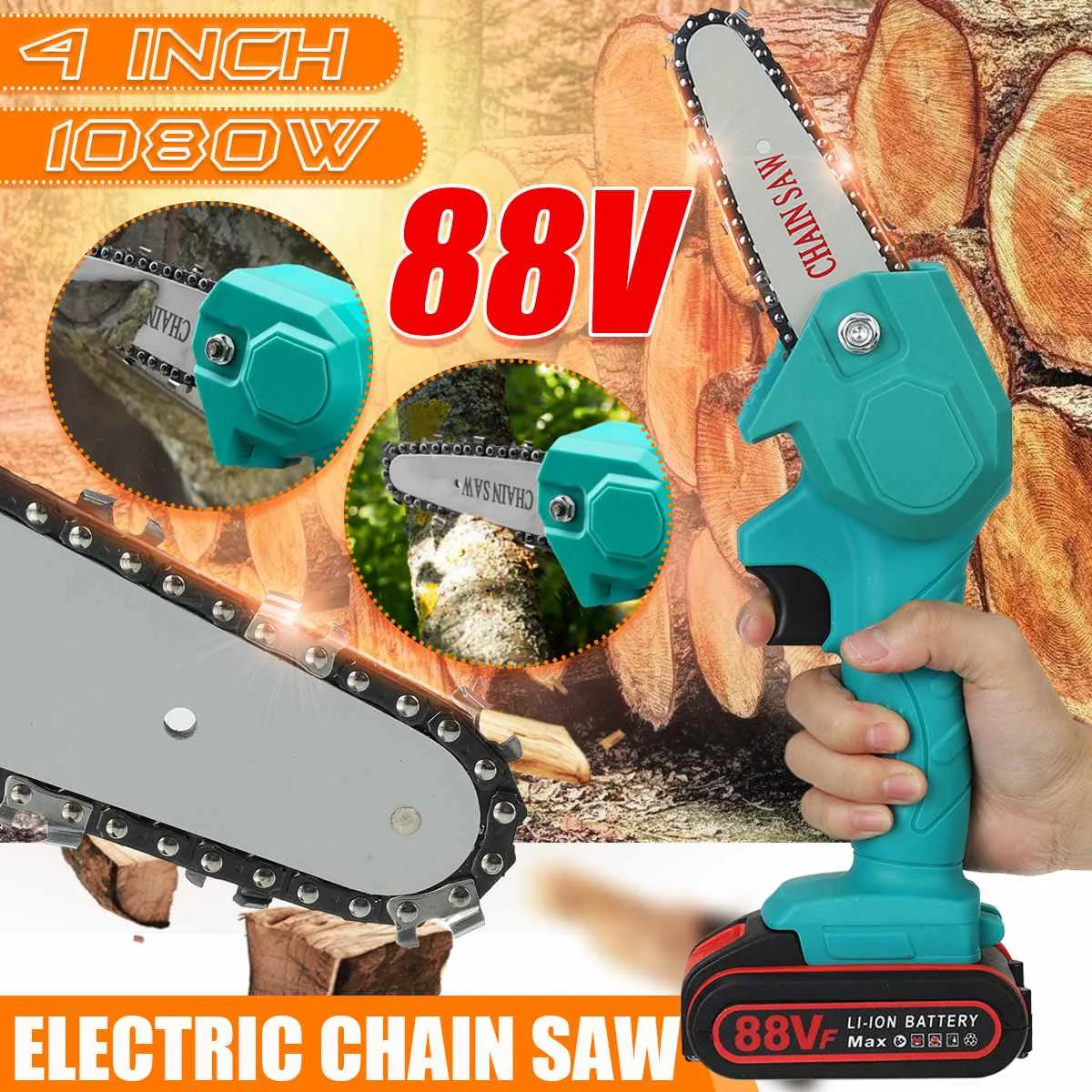 

88VF 4 Inch Electric Chain Saw Cordless Mini Handheld Pruning Saw 1080W Li-ion Battery Rechargeable Portable Woodworking Tool