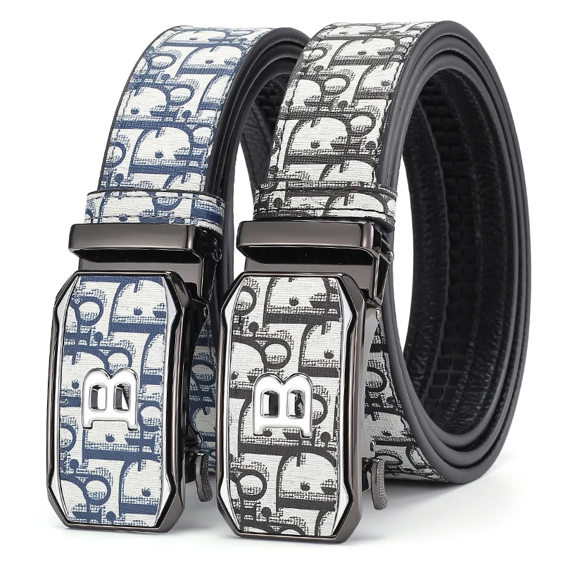 Men Designer Letter B Print PU Leather Belt Automatic Buckle Luxury Business Casual Waist Belt Male Fashion Dress Belts
