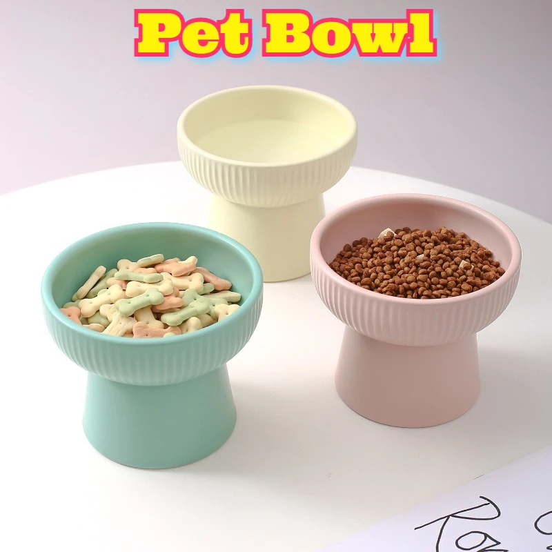 

Ceramic Pet Bowl Elevated Cat Dog Food Dish Wide Rim Feeder Large Capacity Striped Design Non Slip Base Houseware Feeding Water