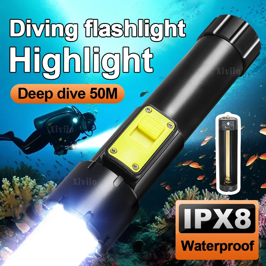 

2026 Powerful Diving Flashlight Diving 50m IPX8 Waterproof Professional Diving Light Portable Scuba Light Underwater Searchlight