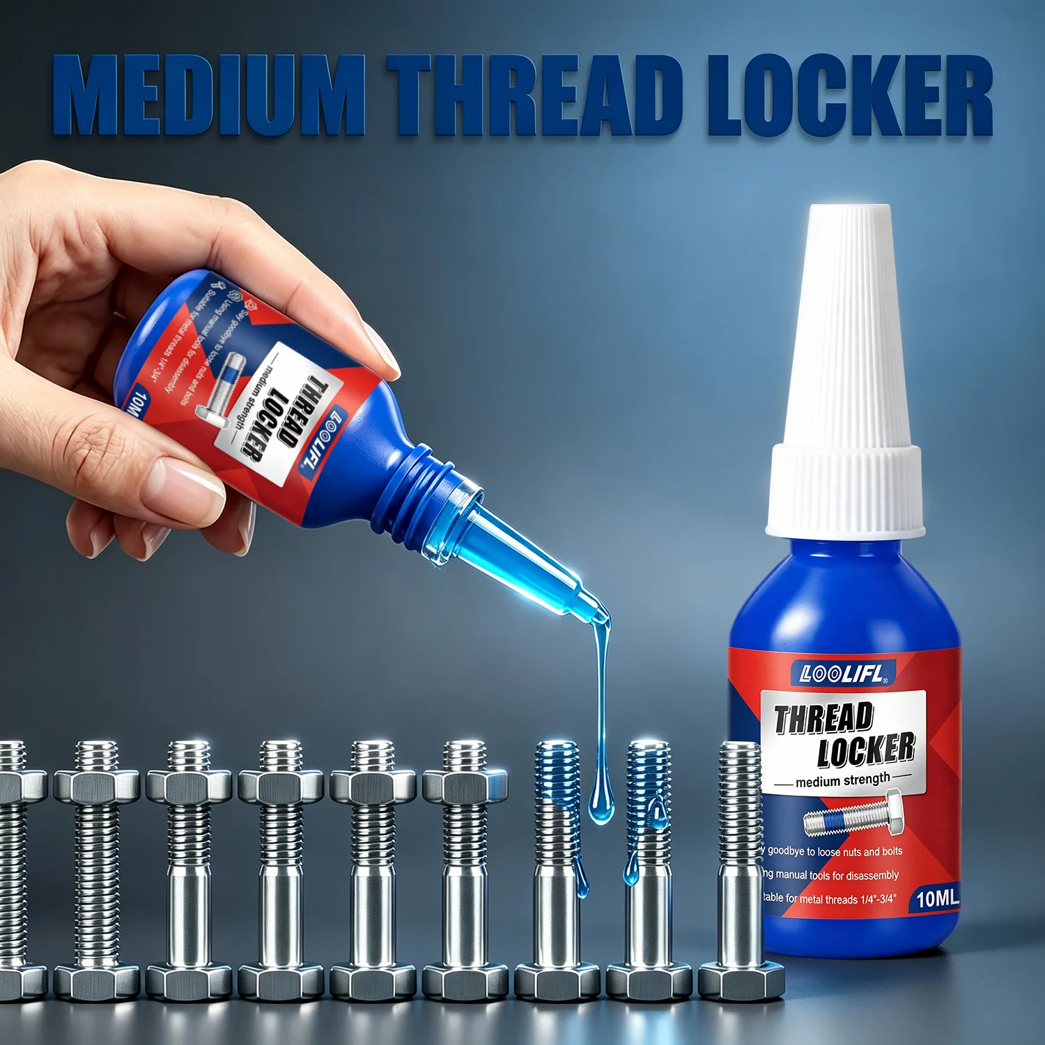 Hread Lock Blue Medium Strength, Lock & Seal Nuts, Bolts, Fasteners and Metals, Blue Threadlocker Against Losening and Leakage
