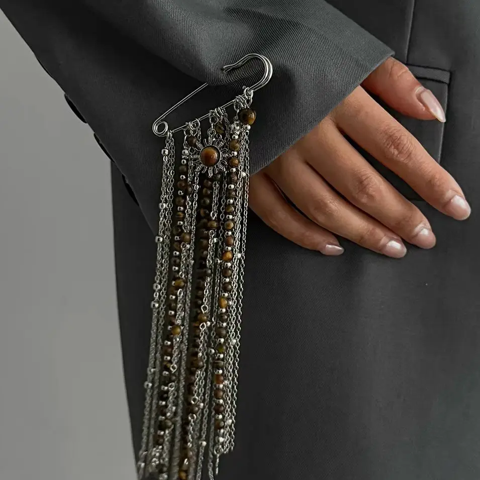HangZhi Edgy Tassel Chain Brooch Pin Punk Rock Style Tiger Eye Sunflower Star Charm Trendy Lightweight Statement Women Jewelry view 5