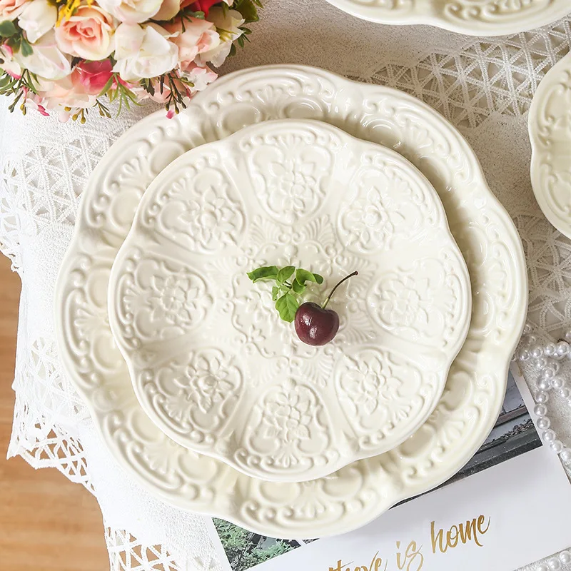 Palace Style Relief Ceramic Teapot Tableware Vintage Elegant Afternoon Tea Coffee Cups Set Dessert Pasta Plate Gift for Mother