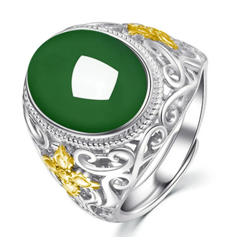 925 Silver Fashion Ring with Imitation Natural Jade Unique Circular Design Exquisite Green Jewelry Excellent Gift Choice