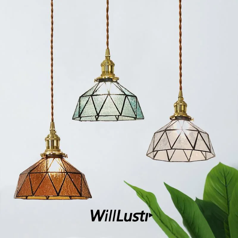 

Creative Handmade Glass Pendant Lamp Retro Patchwork Suspension Light Hotel Cafe Aisle Beside Copper Hanging Ceiling Chandelier