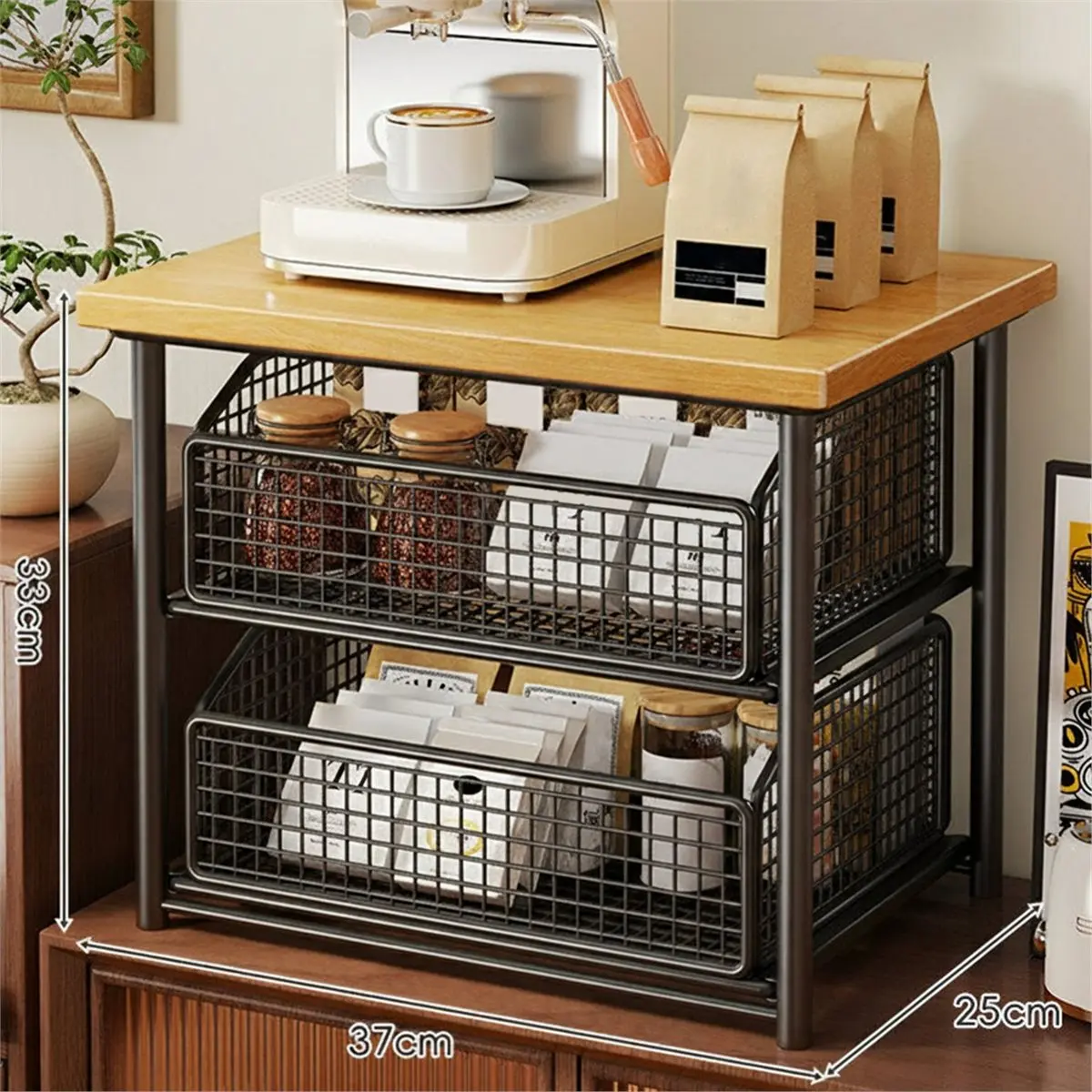 1 Space Saving Kitchen Countertop Storage Rack with Drawers and Metal Baskets - Sturdy Multi-Layer Storage Rack B
