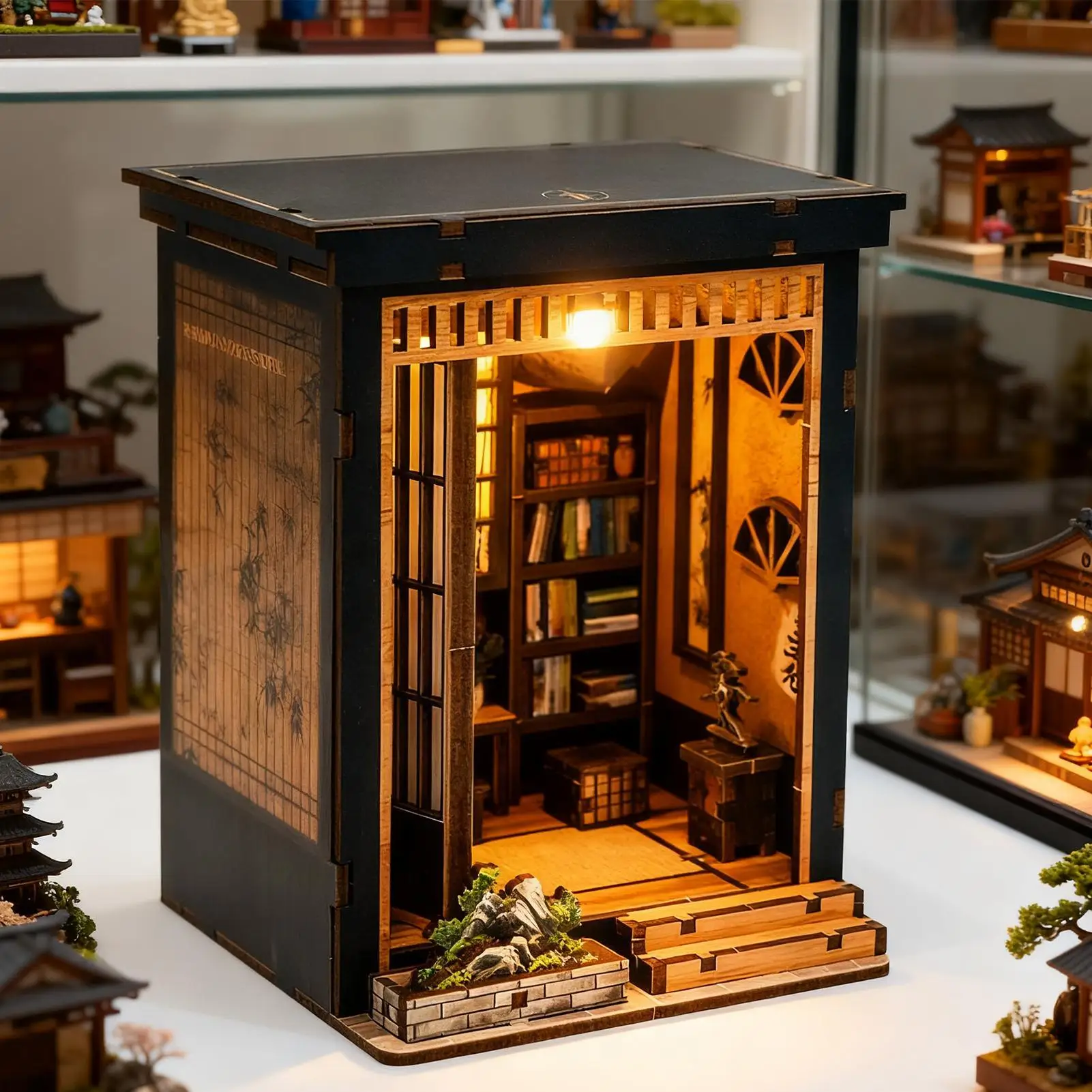طقم بناء منزل صغير من الخشب على الطراز الياباني لتزيين المكتب، مجموعة بيت الدمية الصغيرة للبالغين، عطلة عيد الميلاد والعائلة #3