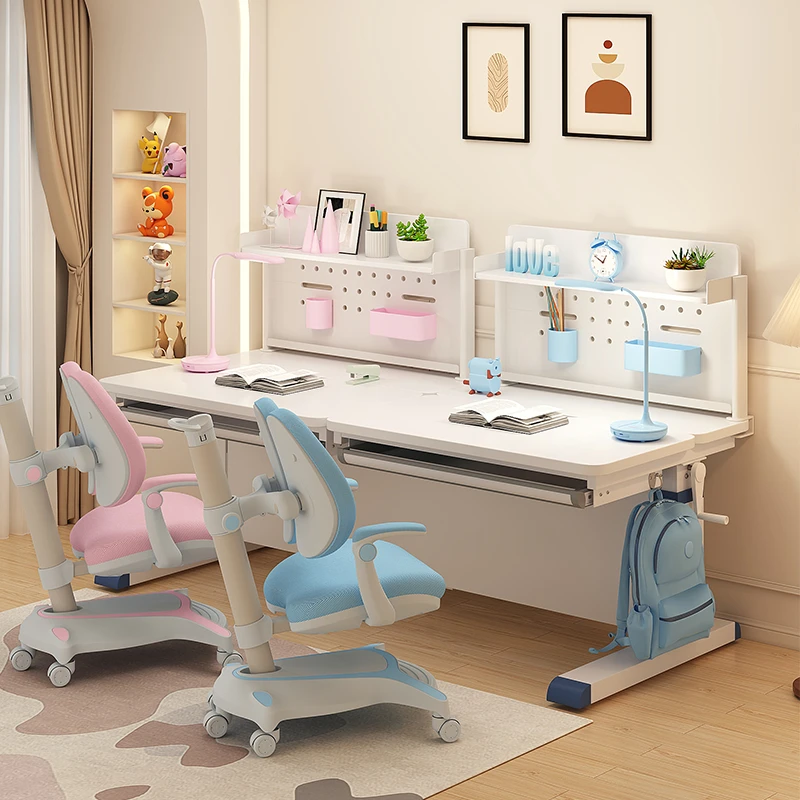 Double study table Children's writing table Household twin solid wood independent lifting