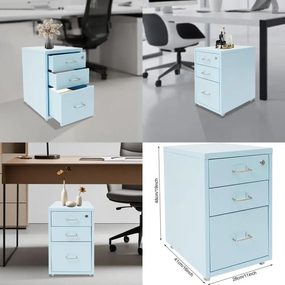 

Blue Vertical Lockable 3-Drawer File Cabinet with Label Holder for Home Office Storage