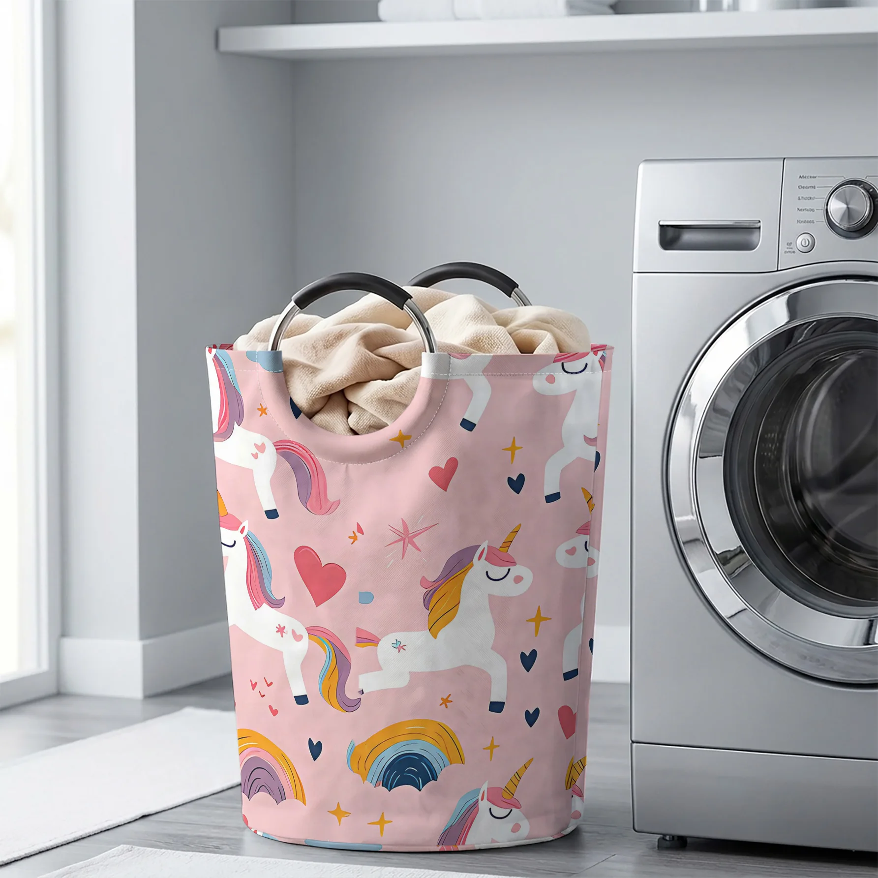 Pink Background Unicorn Rainbow Heart All‑Over Print Handheld Storage Basket, For Laundry, Bedroom & Home Sundries Storage