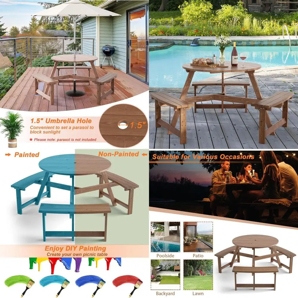 

Прочный деревянный стол для пикника на 6 человек с отверстием для зонта для отдыха на природе и кемпинга