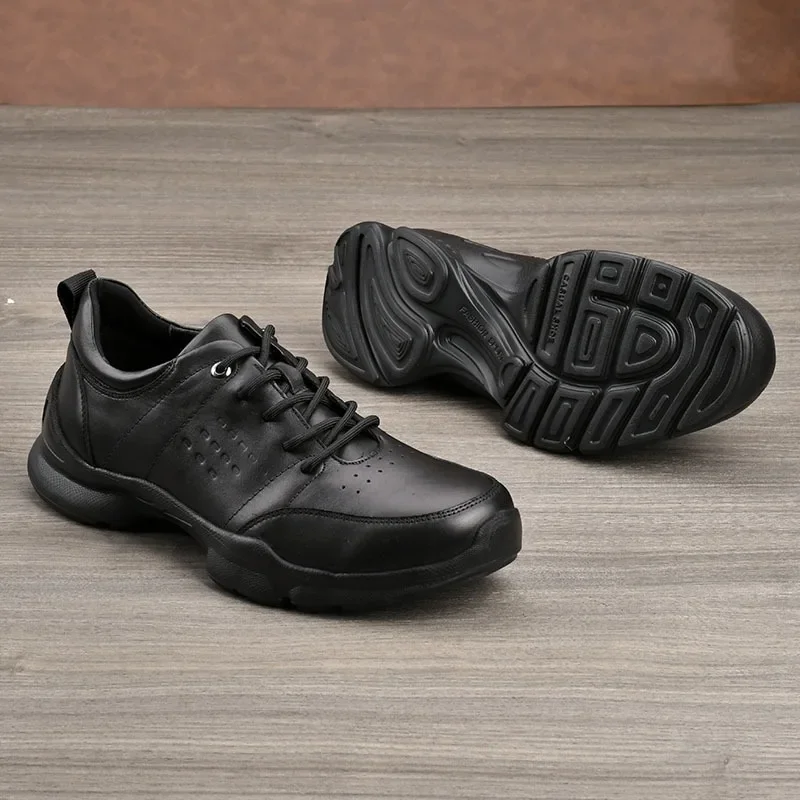 Black Smooth Leather Lace Up Thick Sole Shoes for Man,Breathable Comfortable Sapatos Masculinos,Casual Outdoor Zapatos De Hombre