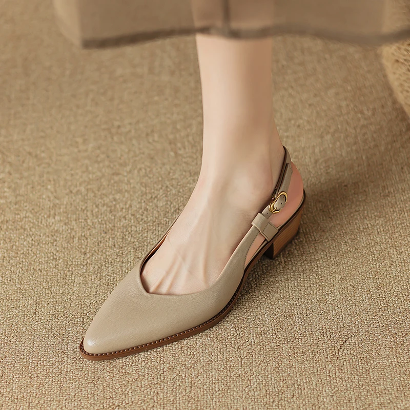 2023 New Office Casual Women Pumps Fashion Hollow Genuine Leather Middle Heel Slingbacks Shoes Woman Spring Summer Sandals