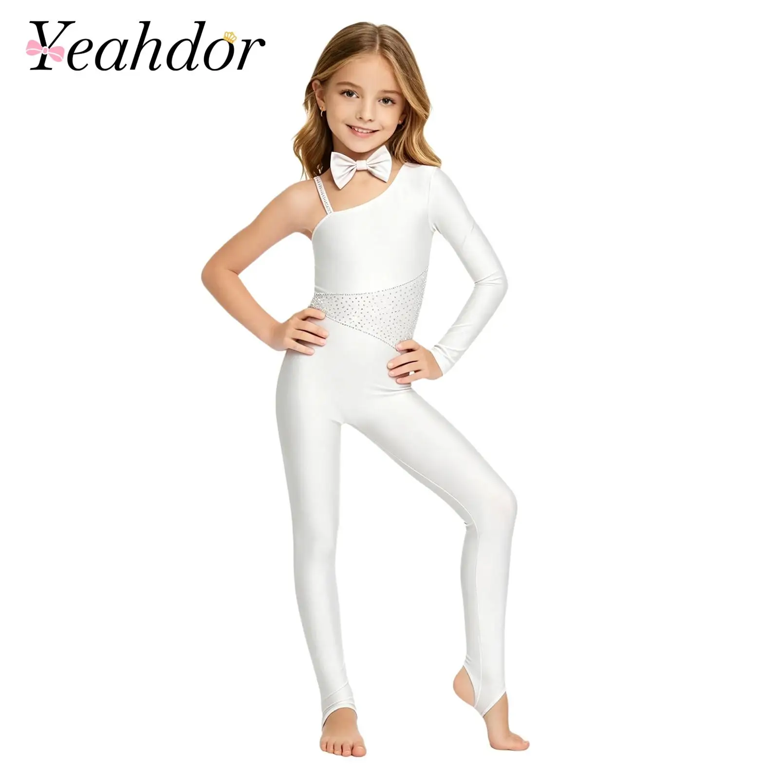 Girls Cat Leotard Animal Costumes Sparkly Asymmetrical Sleeve with Tail Long Pants Jumpsuit Children Halloween Fancy Costume