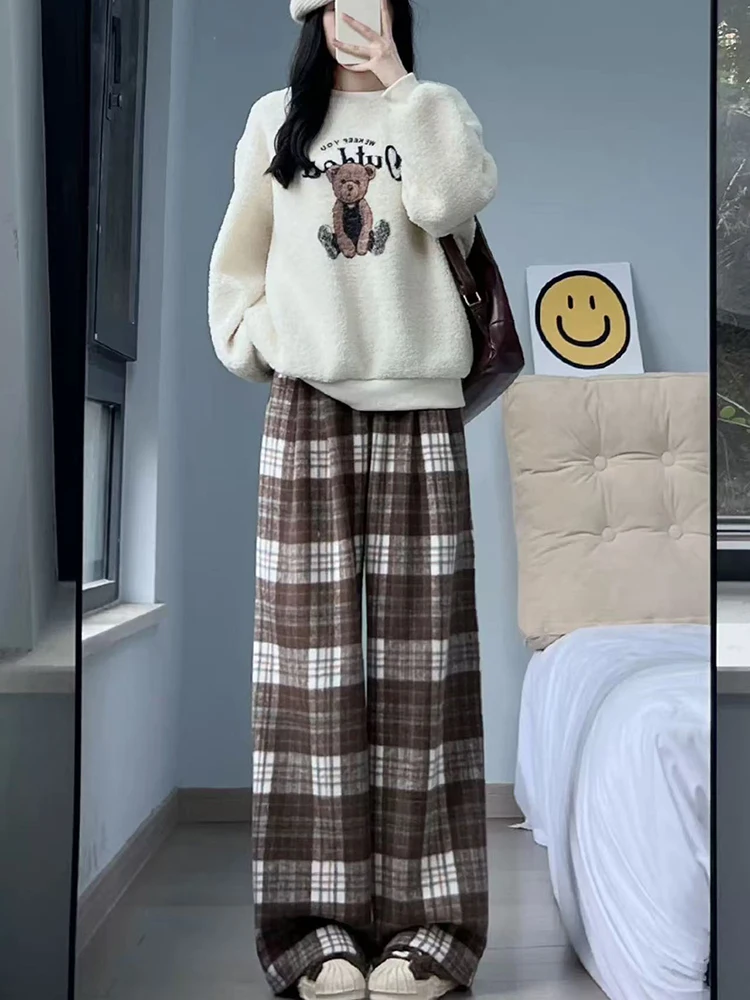 Retro xadrez de lã do falso calças largas perna feminina inverno grosso cintura alta solta calças casuais y2k streetwear todos os jogos misturados