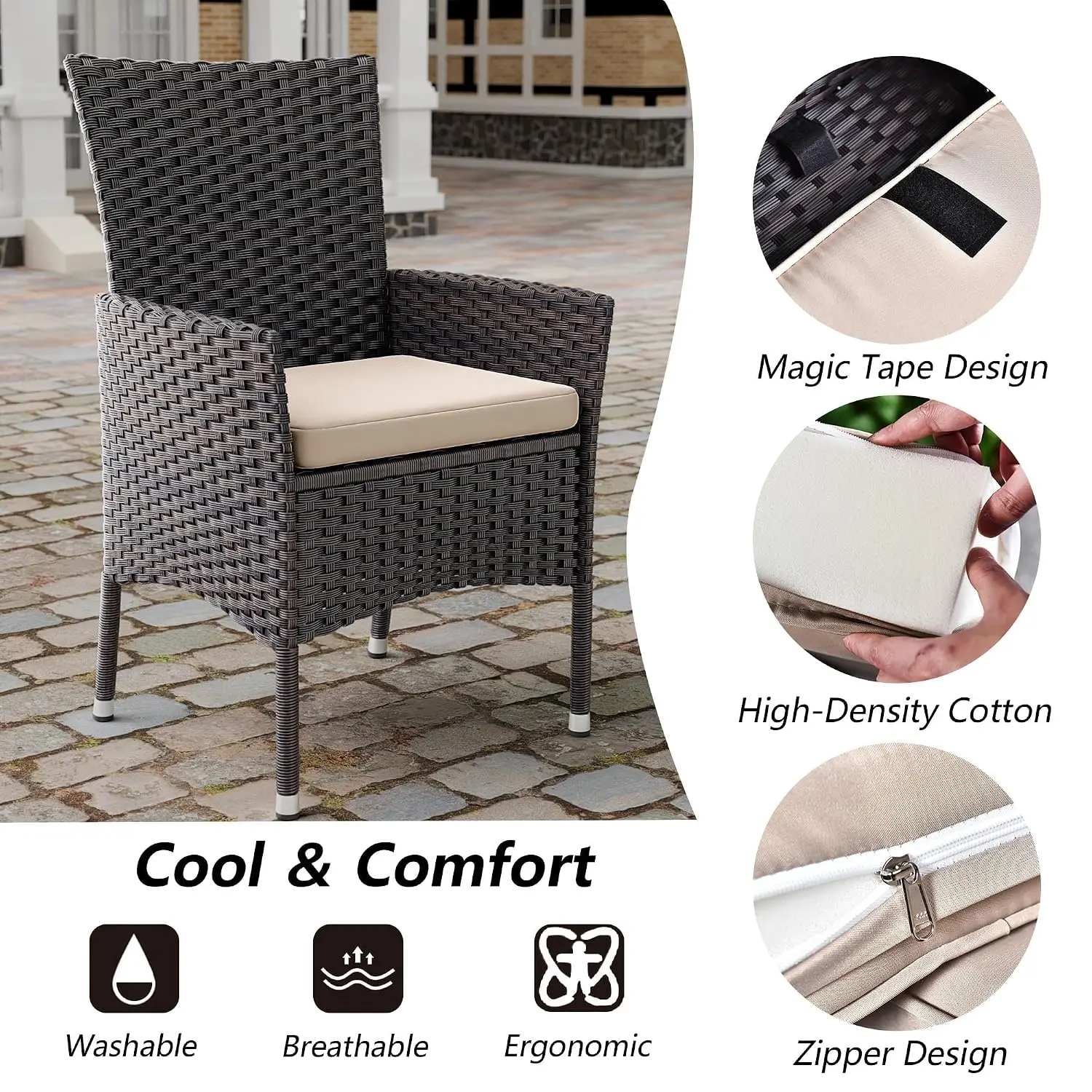 5-Piece Outdoor Rattan Dining Set with Square Glass Table, 4 Cushioned Chairs & Umbrella Hole, Sand, Customized