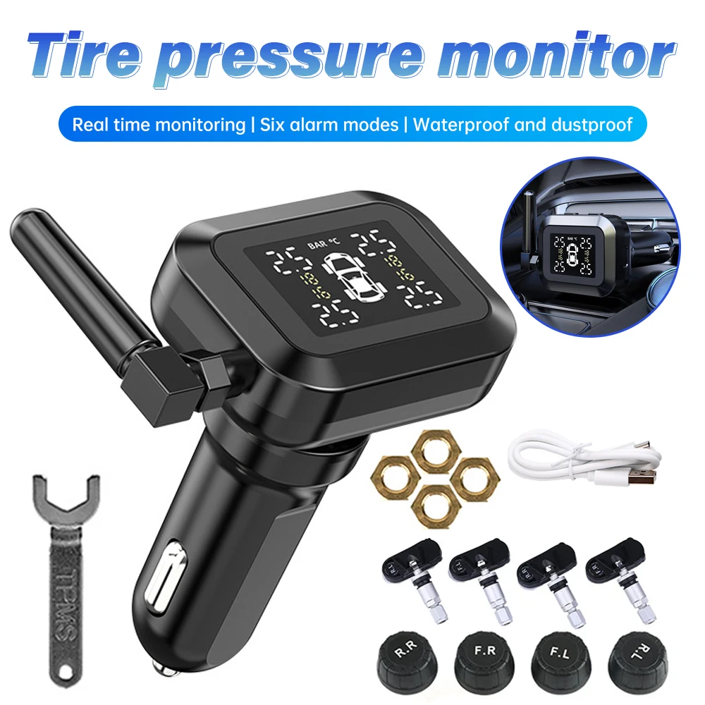 Car TPMS Cigarette Lighter Wireless Universal TPMS USB Digital tpms Tire Pressure Monitoring System with 4 External Sensors