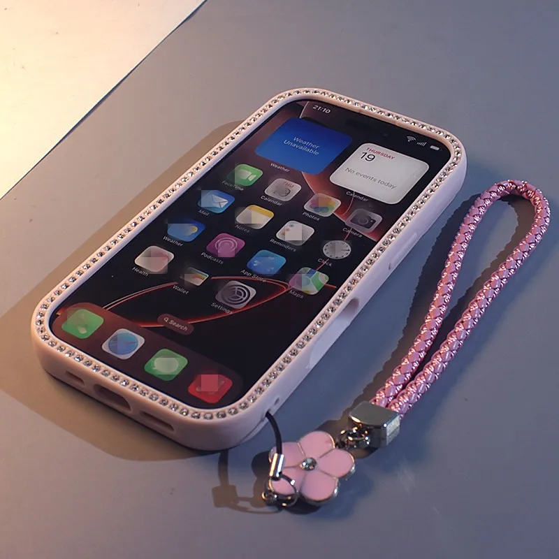 Double-sided Rhinestone Gradient Glitter Phone Case with Lanyard for iPhone 11 12 13 14 15 16 17 Pro Max Anti-fall Back Cover view 6