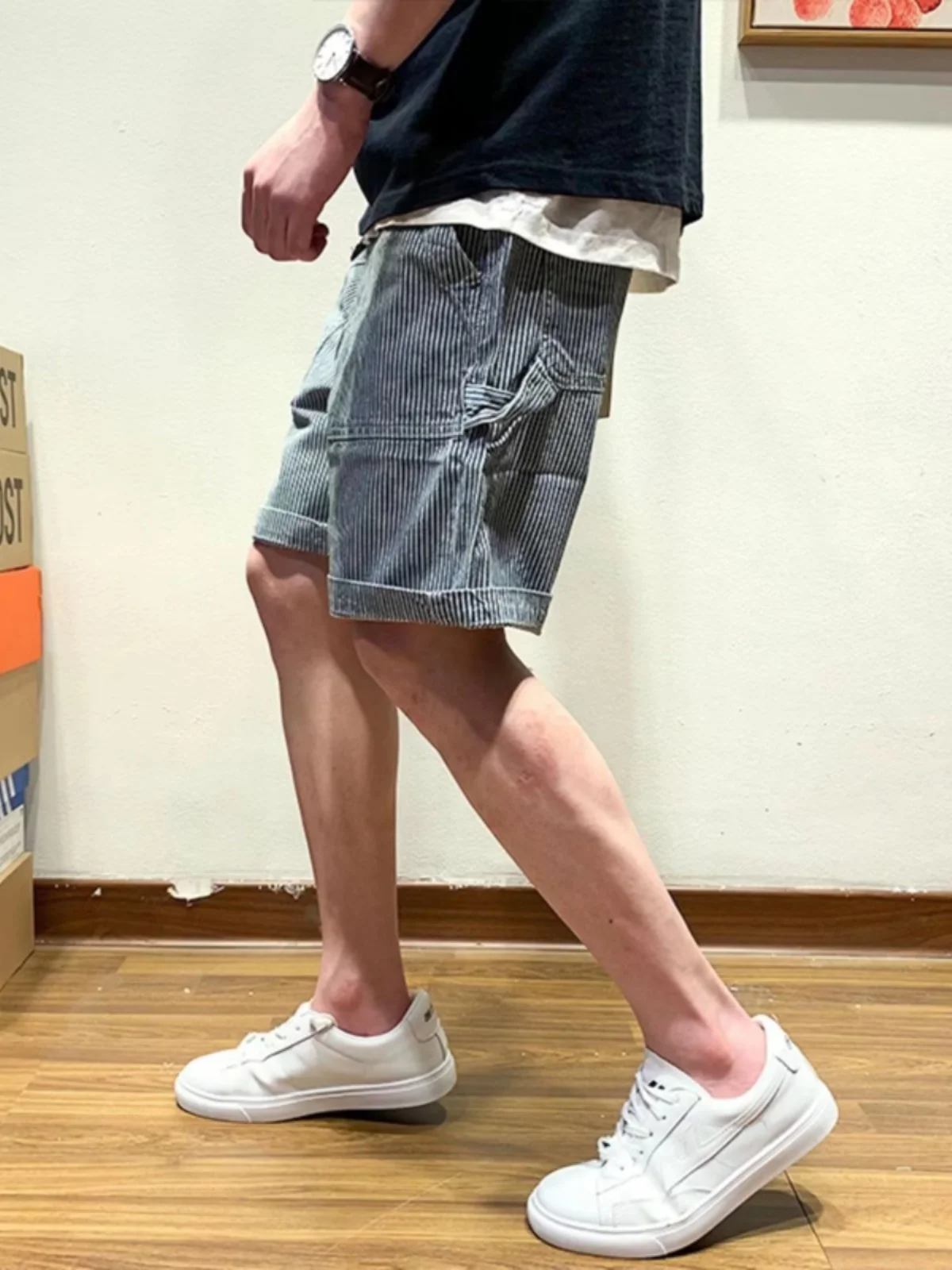 

Retro Japanese Sle Loose Fit Thin Denim orts for Men Trendy Striped Workwear Summer Youth ular mid Waist Five-Quarter ...