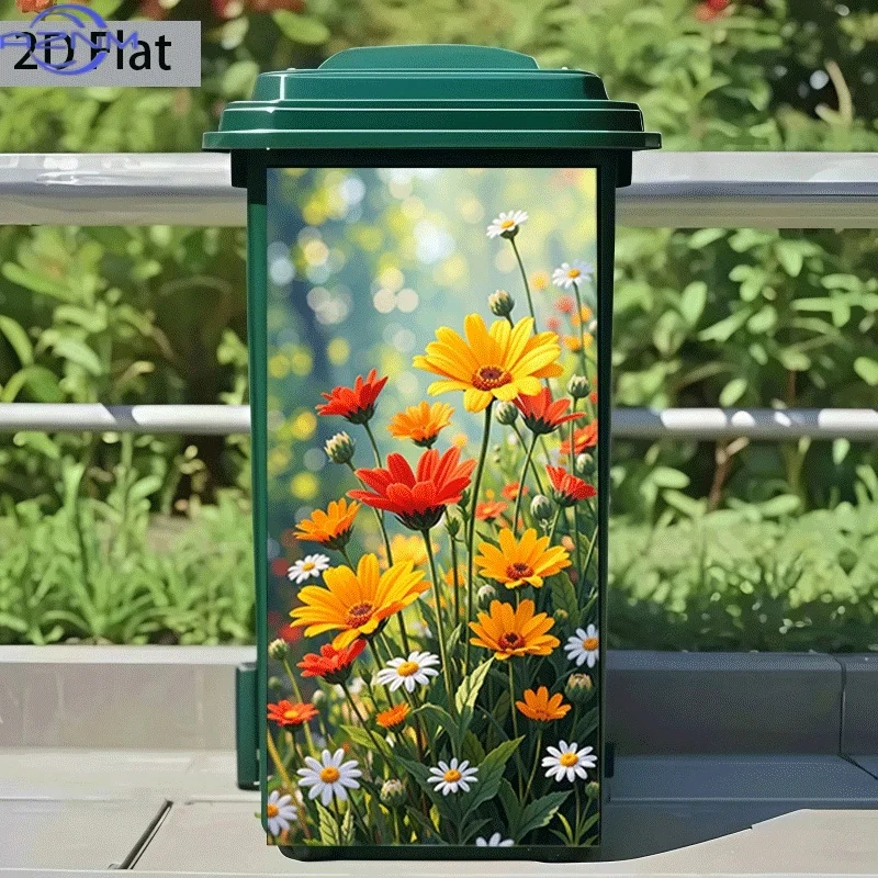 1pc Floral Garbage Can Sticker | X inch Self-Adhesive Wall Decal For Plastic Trash Bins, Kitchen Decor, Rustic Style, Matte En