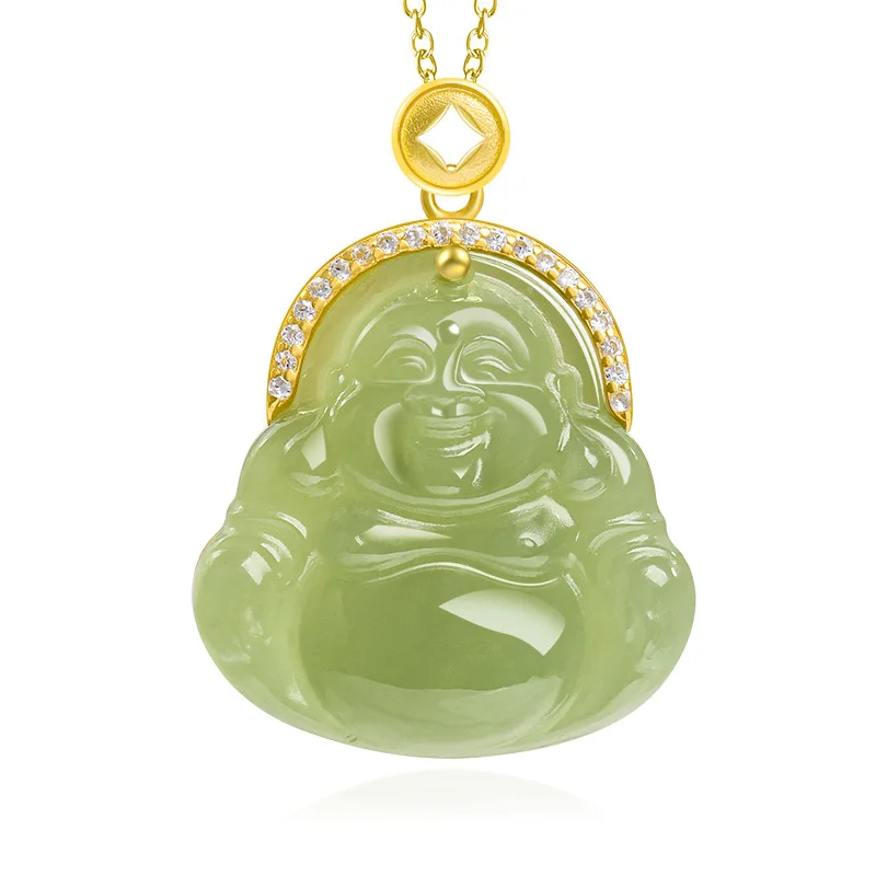 Natural Hetian Jade Green Buddha Laughing Buddha S925 Silver Inlaid Pendant Fashion Necklace for Women Jade Pendant Gifts