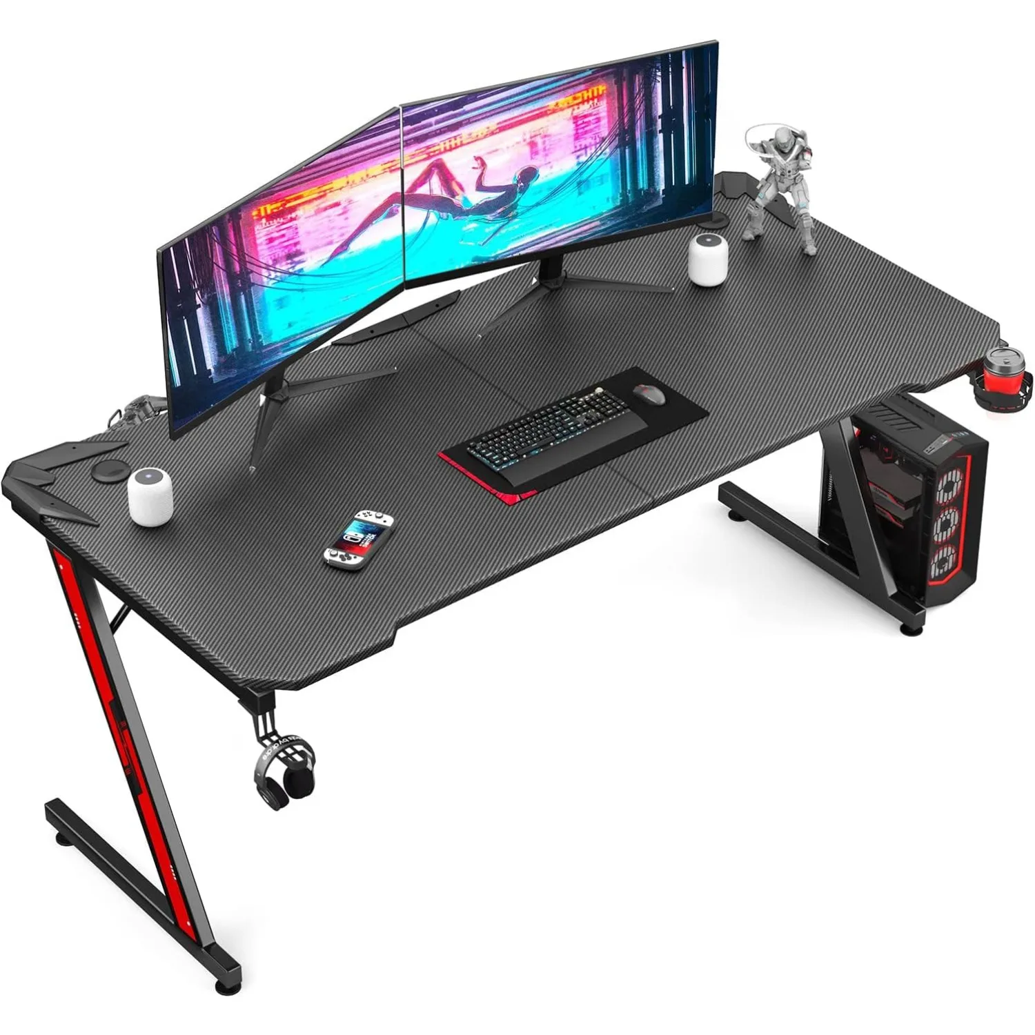 

Gaming Desk Computer Desk with Carbon Fiber Surface, Gaming Table Z Shaped PC Home Office with Cup Holder&Headphone Hook