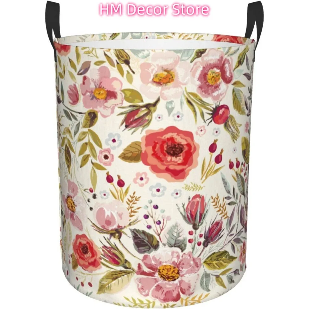 

Vintage Romantic Flowers Laundry Basket with Handle Waterproof Collapsible Cloth Hamper Round Storage Basket for Bathroom Bedroo