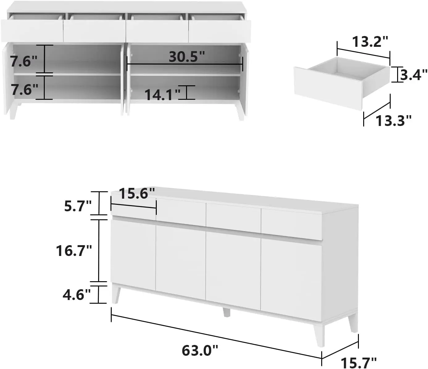 Kitchen Cabinet Storage Sideboard with Adjustable Shelves, Sideboard  with 4 Drawers & 4 Doors, Console Table for Living Room