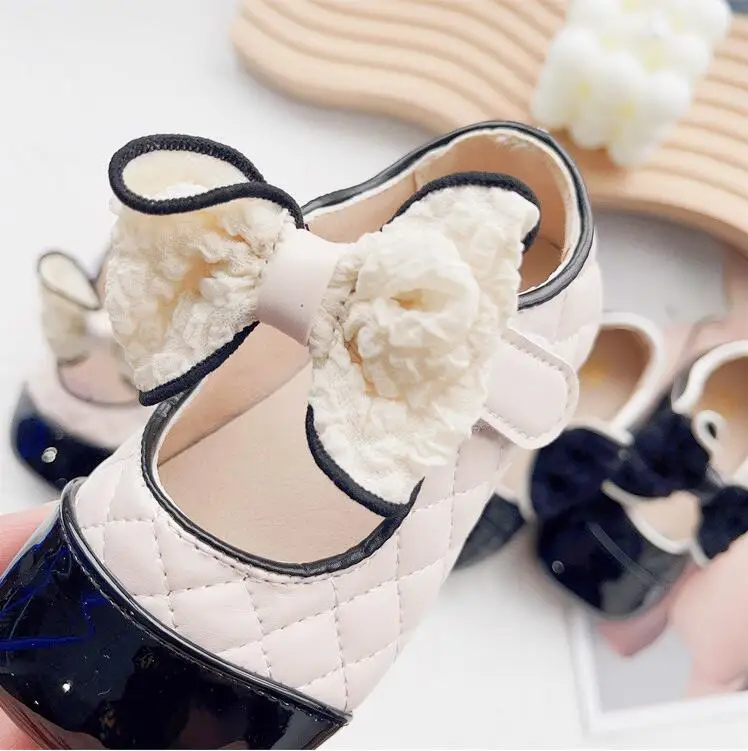 Girls' Leather Shoes 2024 Spring New Children's Bow Single Shoes Girls' Soft Soles Anti-slip Princess Shoes Black Beige 21-30