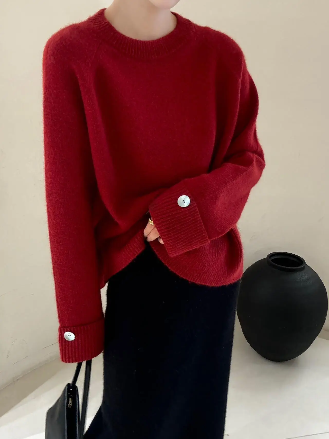 

Осень-зима, ретро, мягкий медведь, шерсть, круглые пуговицы, свободный вязаный свитер, женский модный удобный ...