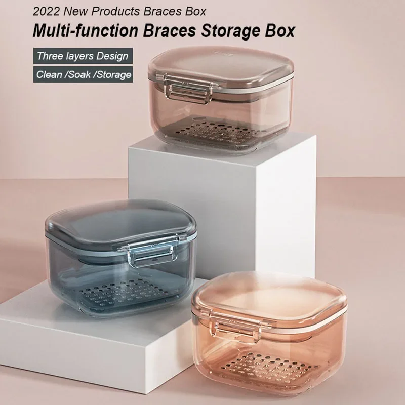 

2022 Multi-function Dental Braces Storage Box 3 Layers Denture Retainer Soaking Container Partial Teeth Brace Mouthguard Case