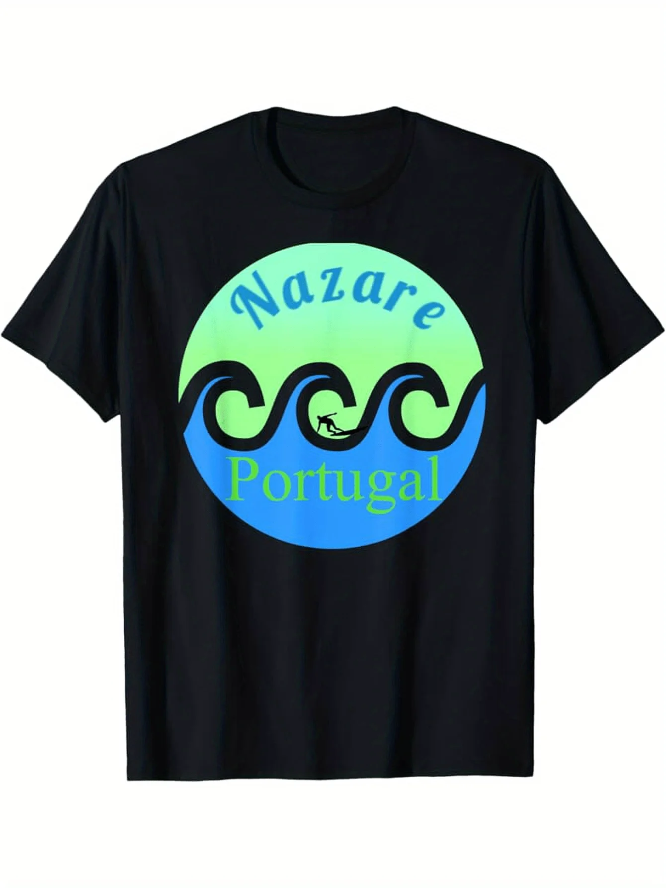 

Nazare Surfing T-Shirt Black with Green & Blue Wave Design Nazare Portugal Print Casual All-Season Tee 100% Pure Cotton