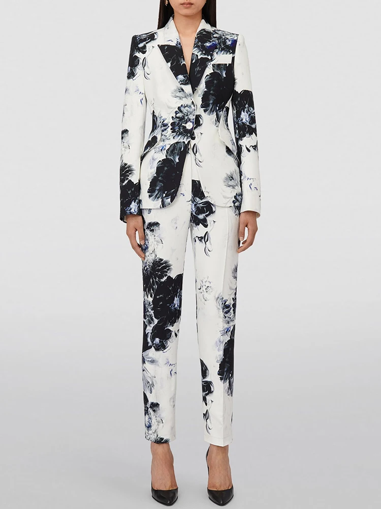 HIGH STREET Newest 2024 Fashion Designer Women\'s Gorgeous Floral Printed Blazer Suit Jacket Pencil Pants Set 2pcs