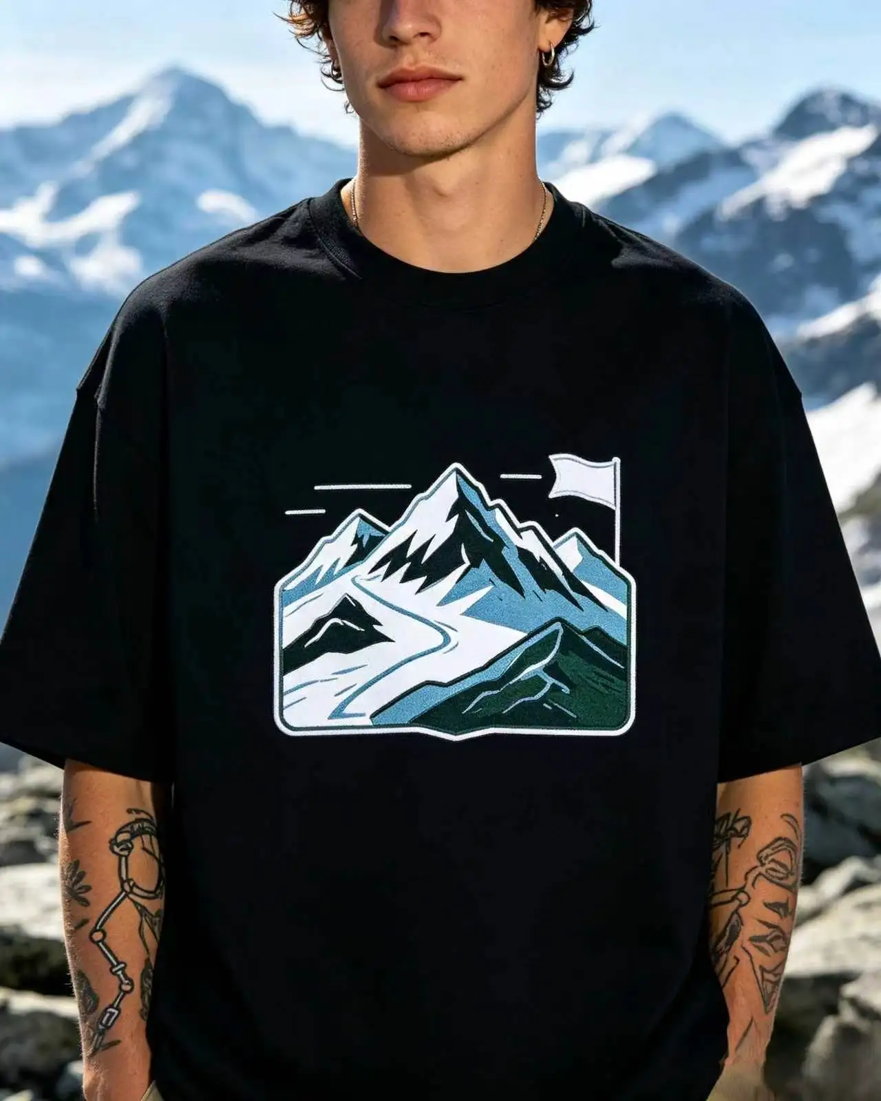 Unisex Mountain Peak Hiking Flag Outdoor Graphic T‑Shirt Men Women Adventure Nature Oversized Cotton Tee
