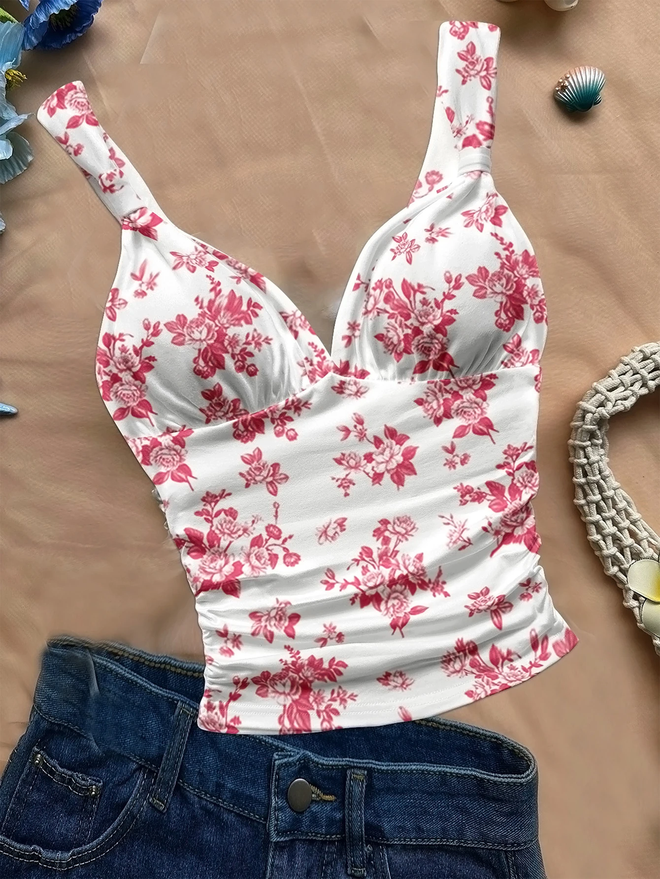 

Women's spring/summer new hot sale beach tropical vacation outfits leisure red and white floral slim fit bustier halter top