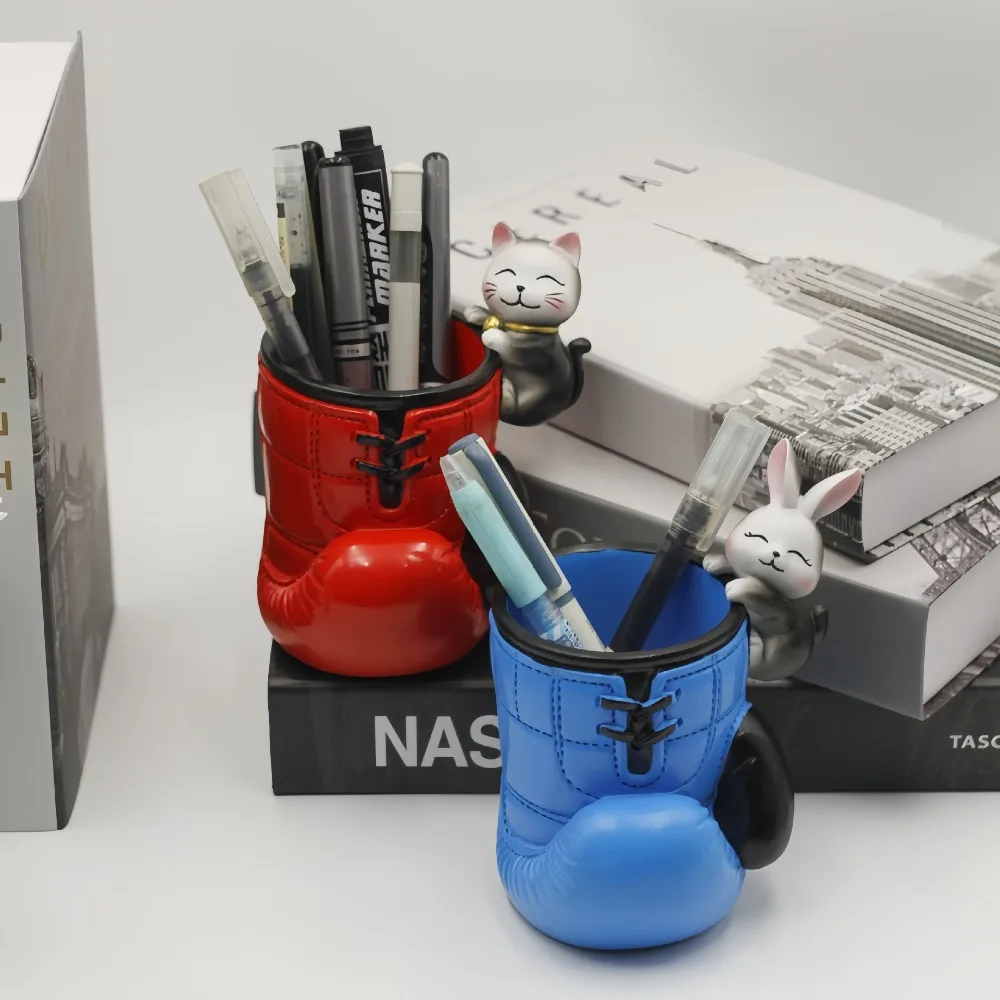 Desktop Decoration Resin Boxing Gloves Pencil Holder Blue/Red with Cartoon Animal Pen Box Stable Base Brush Container Gift