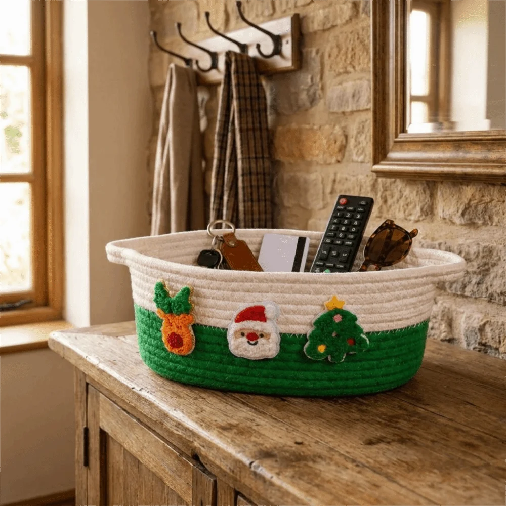 Cotton Rope Christmas Woven Storage Basket Xmas Theme Cute Hand Woven Storage Basket Sturdy Large Capacity